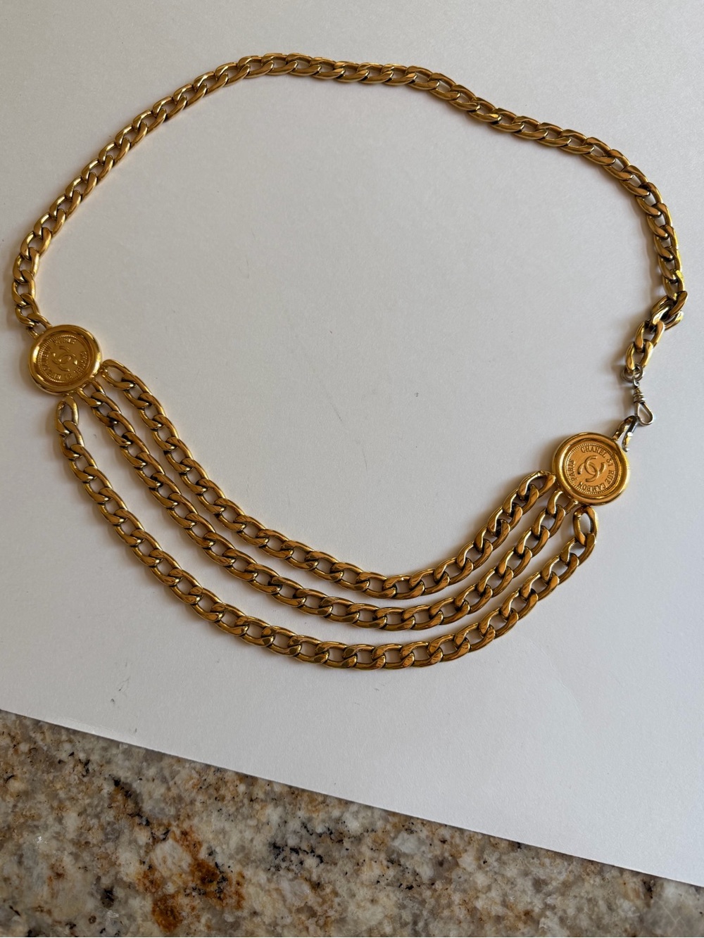Vintage Chanel Gold Tone Double CC Medallion Chain Belt | Made in France | 35”